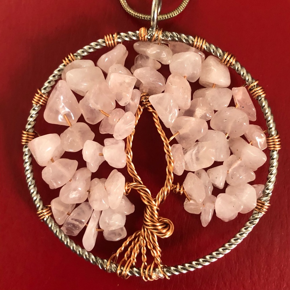 Pink Quartz Tree Pendant & VTG Silver Chain